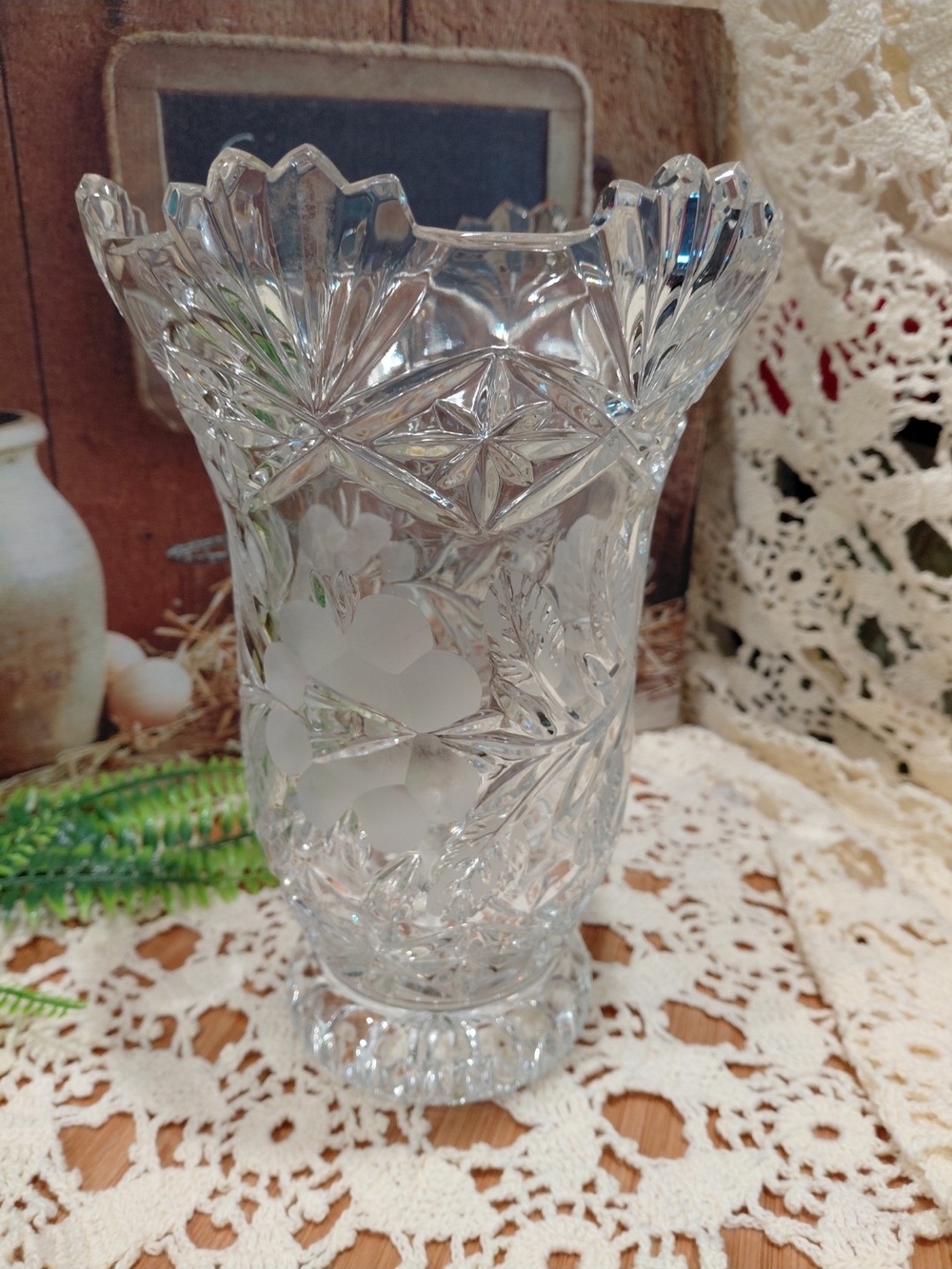 Vintage Lead Crystal Etched Clear Glass Floral Vase - Clear 1970's